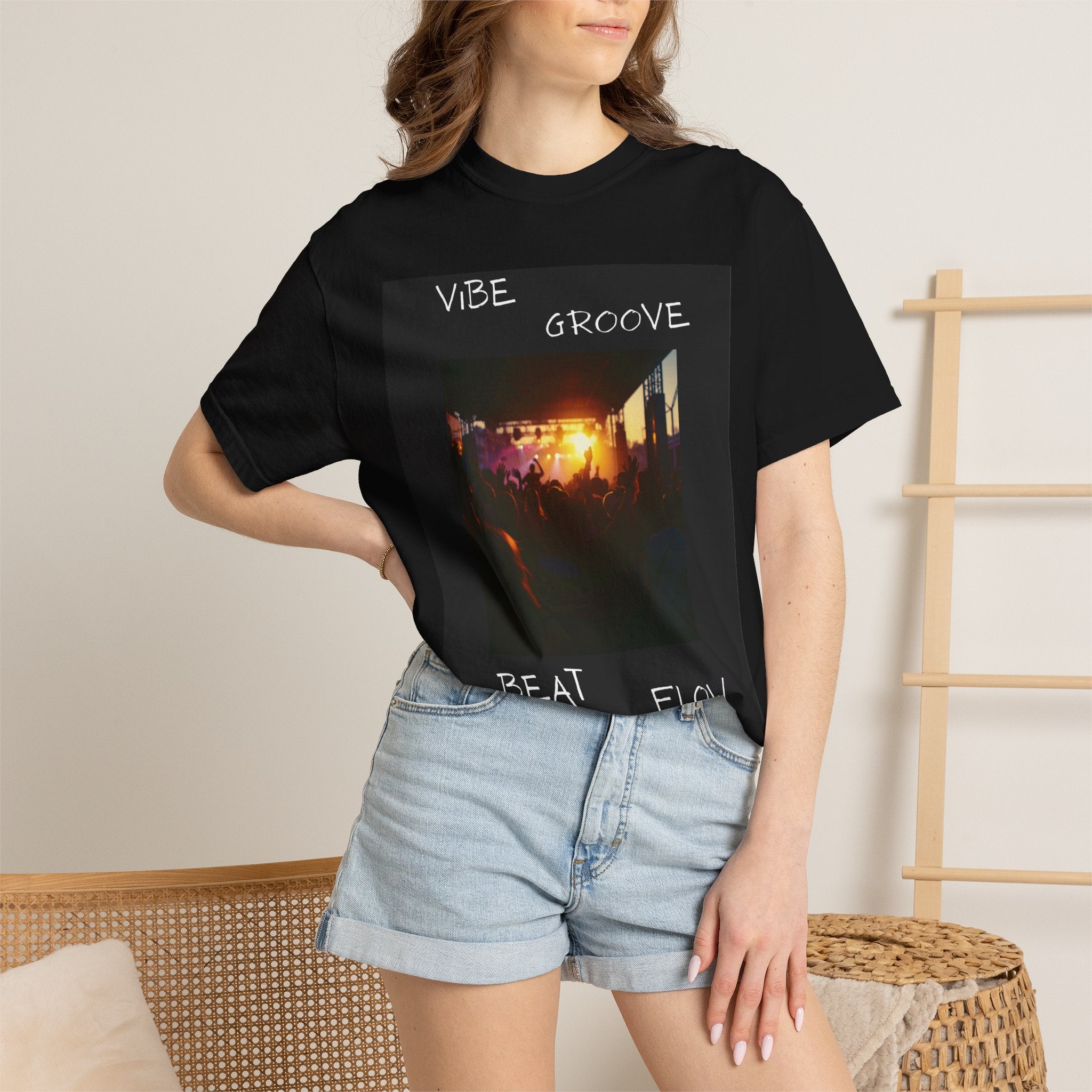 Vibe Groove Beat Flow T‑Shirt — Retro Sunset Concert Photo Tee