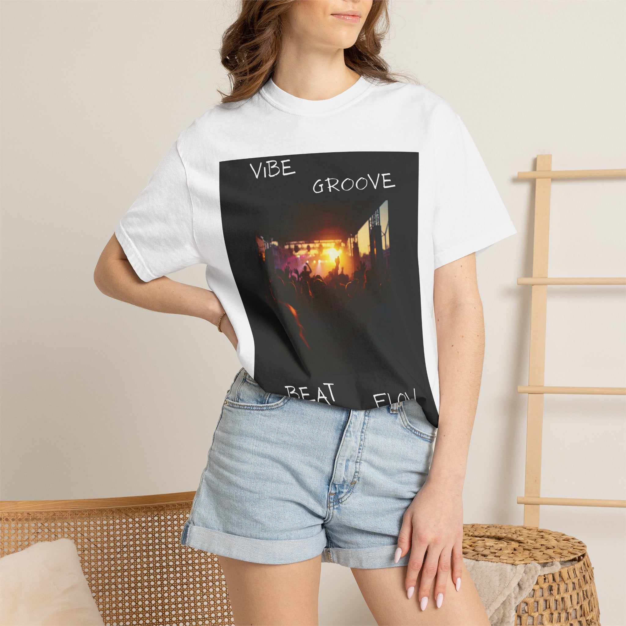 Vibe Groove Beat Flow T‑Shirt — Retro Sunset Concert Photo Tee